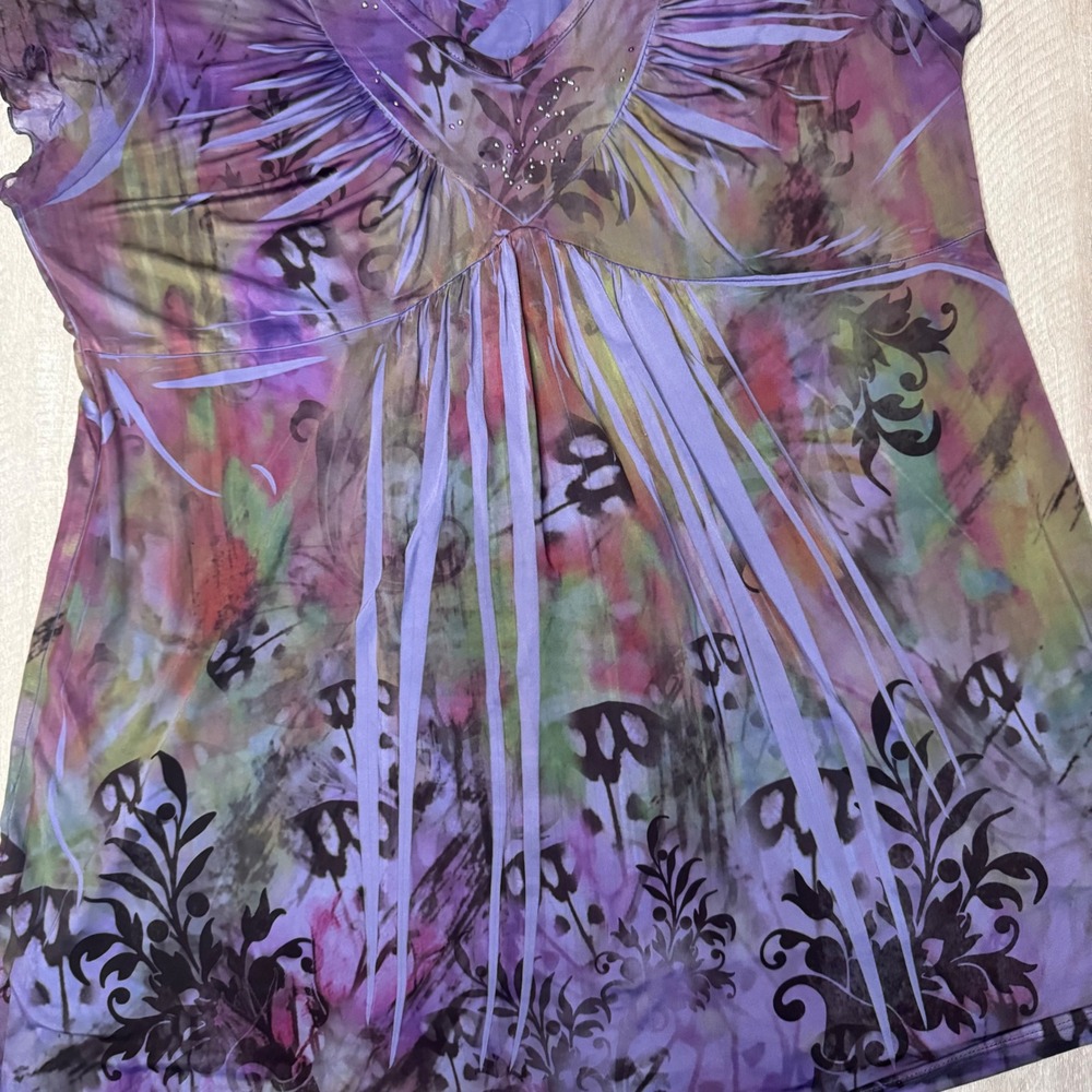 Unity World Wear Purple Floral Lace Rhinestone Fairycore Tunic Top XL - Picture 3 of 8